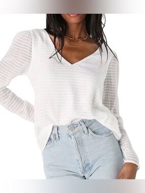 Lulus Women's White V Neck Sheer Long Sleeve Top New Medium